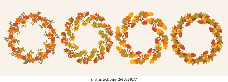 Circle frames of autumn leaves. Autumn wreath with colorful leaves in green, red, and yellow tones and berries. Seasonal illustration for greeting cards, invitations, posters