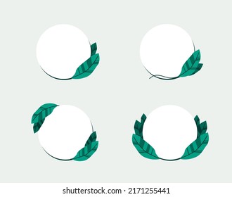 Circle frames decorated with tropical green leaves flat vector illustration isolated on white background. Natural border for invitation card.
