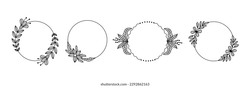 Circle Frames set with doodle flowers. Round botanical borders for wedding. Elegant templates collection with leaves, flowers, twigs, branches. Black line art botany vector illustration