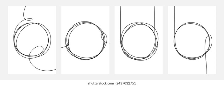 Circle frames set. Line art. Round frames. Continuous black line. Hand drawn sketch outlines. Vector illustration.