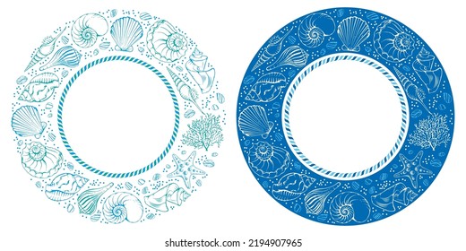 Circle frames set with various hand drawn tropical seashell, starfish, coral and sea stone. Plain and elegance colored patterns. Vector illustration