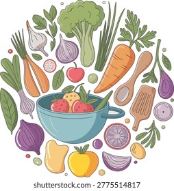 Circle of fresh vegetables, fruits, and kitchen utensils