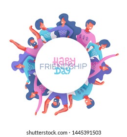 Circle of Friends avatars of different genders as a symbol of International Friendship Day.Happy friendship day greeting card. People hugging and smiling. Modern hand drawn flat isolated illustration.