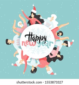 Circle of Friends avatars of different genders as a symbol of New year party. Happy Ney year greeting card.People hugging and smiling. Modern hand drawn flat isolated illustration with hand lettering.