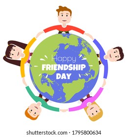 Circle of friends as a symbol of International Friendship Day, different children group holding hands. Vector illustration