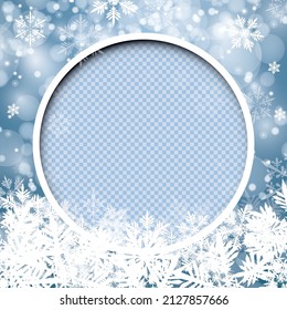 Circle frozen window frame layout template with place for your photo. Simple winter layout template for your winter card, social media post status, flyer, header or banner