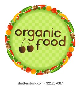 Circle with fruits, vegetables, berries and mushrooms. Healthy lifestyle. Vector color illustration