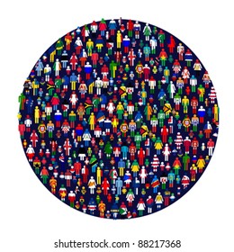 Circle full of colored people. People made of flags.