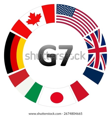Circle of G7 flags. Circular arrangement of G7 member country flags with bold G7 text in the center, isolated on transparent background. Symbolizes global cooperation and economic partnership. Vector.