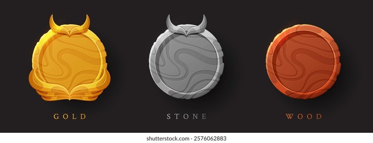 Circle game badges and buttons with winged designs. Vibrant cartoon-style vector set, perfect for game interfaces, isolated on a background.