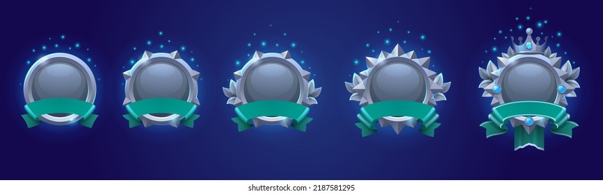 Circle Game Ranking Badges With Silver Frames, Ribbons, Crown And Gems Isolated On Background. Vector Cartoon Set Of Award Labels, Round Avatar Frames With Fantasy Metal Borders