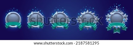 Circle game ranking badges with silver frames, ribbons, crown and gems isolated on background. Vector cartoon set of award labels, round avatar frames with fantasy metal borders