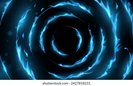 Circle gas fire flames, burning rings of hell. Realistic 3d vector blue gleaming hole with dancing blaze tongues, swirl gracefully, casting a mesmerizing glow, flickering, create a sinister ambiance