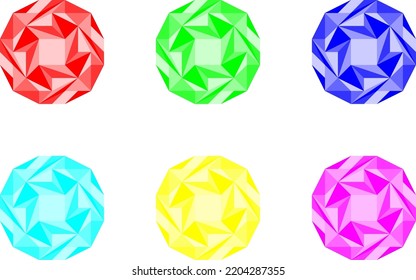 Zirkel-Edelstein-Set. Rot grüner blauer türkiser Zauberstein für Logo, Symbol, Zeichen, Symbol oder Spielartikel. Ruby-Smaragdsaphir-Diamantensymbol