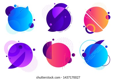 Circle geometric badges. Trendy round frame, color gradients minimal badge and abstract frames template layout. Postage stamps, fluid distress gradient logo. Isolated background vector icons set