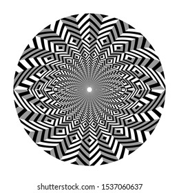 Elemento de diseño geométrico circular. 3.ª ilusión. Líneas de zigzag rayadas y patrones redondos de diamantes. Arte vectorial.