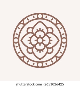 Círculo emblema geométrico com botão de flor. Forma linear abstrata moderna para emblema, emblema, insígnia.