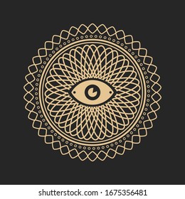 Circle Geometric Eye Alchemy Symbol Ornaments. Abstract occult and mystic signs. Black background.	