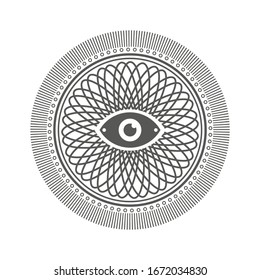 Circle geometric mandala, ornament eye. Abstract occult and mystic signs. Geometric alchemy symbol. White background. Vector illustration.