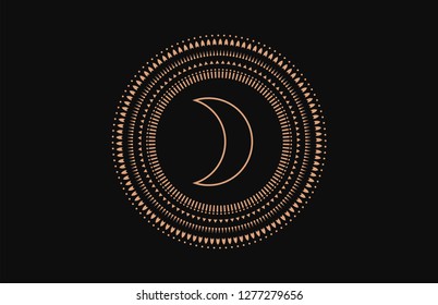 Circle Geometric Ornament. Geometric alchemy symbol with moon. Abstract occult and mystic signs. Black background.