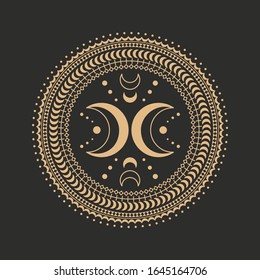 Circle Geometric Ornament moon. Geometric alchemy symbol. Abstract mandala occult and mystic signs. Black background.	
