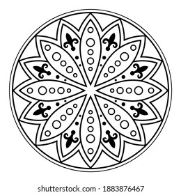 Circle geometric ornament of geometric shapes. Illustration for colouring.
