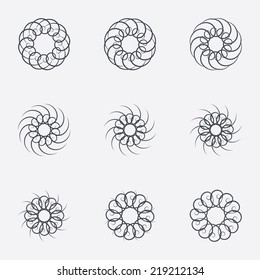 Circle geometric ornaments. Abstract spirographs set. Artistic vintage wreaths. 9 icons. Decorative Stamp patterns. Vector