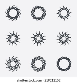 Circle geometric ornaments. Abstract spirographs set. Artistic vintage wreaths. 9 icons. Decorative Stamp patterns. Vector