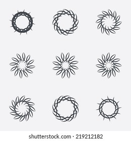 Circle geometric ornaments. Abstract spirographs set. Artistic vintage wreaths. 9 icons. Decorative Stamp patterns. Vector