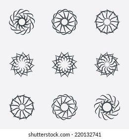 Circle geometric ornaments. Abstract spirographs set. Artistic vintage wreaths. 9 icons. Decorative Stamp patterns. Vector