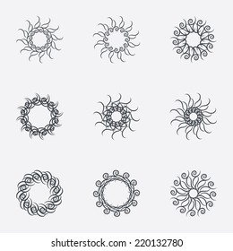 Circle geometric ornaments. Abstract spirographs set. Artistic vintage wreaths. 9 icons. Decorative Stamp patterns. Vector