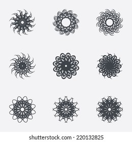 Circle geometric ornaments. Abstract spirographs set. Artistic vintage wreaths. 9 icons. Decorative Stamp patterns. Vector