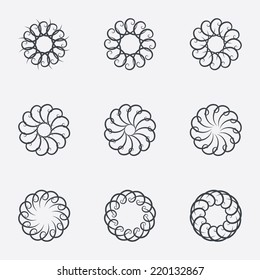 Circle geometric ornaments. Abstract spirographs set. Artistic vintage wreaths. 9 icons. Decorative Stamp patterns. Vector