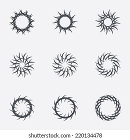 Circle geometric ornaments. Abstract spirographs set. Artistic vintage wreaths. 9 icons. Decorative Stamp patterns. Vector