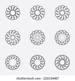 Circle geometric ornaments. Abstract spirographs set. Artistic vintage wreaths. 9 icons. Decorative Stamp patterns. Vector