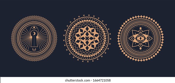 Circle geometric ornaments and mandala. Abstract occult and mystic signs. Geometric alchemy symbol with moon.