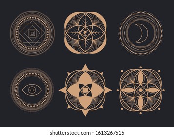 Circle Geometric Ornaments Round Mystic. Geometric alchemy symbol. Abstract occult and tarot, esoteric signs. Vector Set.
