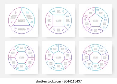 A circle with geometric shapes inside. Diagrams with 3, 4, 5, 6, 7 and 8 options. Cycle set infographics.