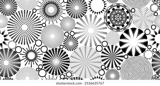 Circle geometric shapes, seamless pattern, set of circles of different textures, vector design, grayscale
