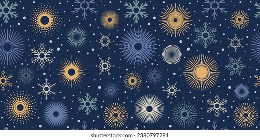 Circle geometric shapes and snowflakes, seamless pattern, winter vector background, banner