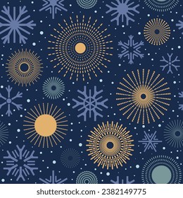 Circle geometric shapes and snowflakes, seamless pattern, winter vector background