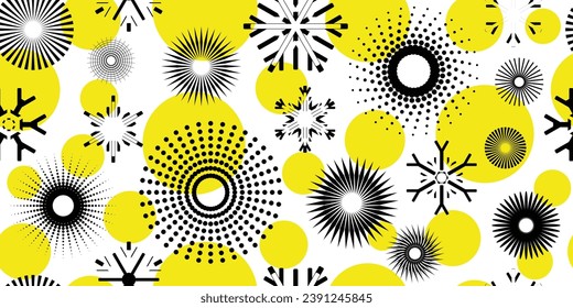 Circle geometric shapes and snowflakes, seamless pattern, winter vector background, yellow and black