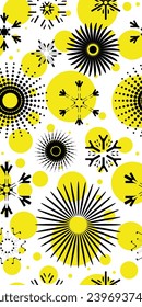 Circle geometric shapes and snowflakes, seamless pattern, winter vector background, vertical banner, yellow and black