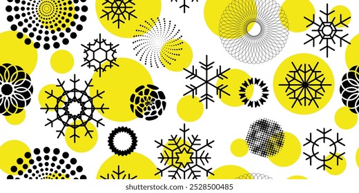 Circle geometric shapes and snowflakes, seamless pattern, winter vector background, yellow and black