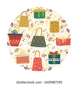 Circle with gifts and presents border on white background. Winter Holidays and Celebrations concept. Vector.