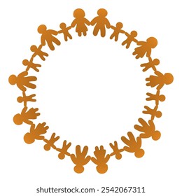 Circle with gingerbread figures holding hands. Men, women, and children standing in a circle and holding hands. Connected people forming a circle to express family, friendship, and peaceful society.