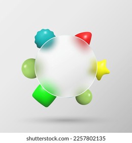 Circle in glass morphism style. Vector banner ui design template. Circle with geometric shapes of colored geometry on a gray background.