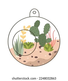 Circle glass terrarium with evergreen plants flat icon. Vector illustration