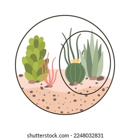 Circle glass terrarium flat icon Evergreen houseplant Decor element. Vector illustration