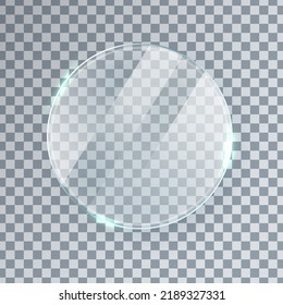 Circle Glass Texture. Bright Mirror Panel. Glossy Screen Effect. Plastic Plate Mockup. Digital Frame. Clear Button. Window Tag And Badge. Shiny Framework. Light Rectangle Banner. Vector Illustration.